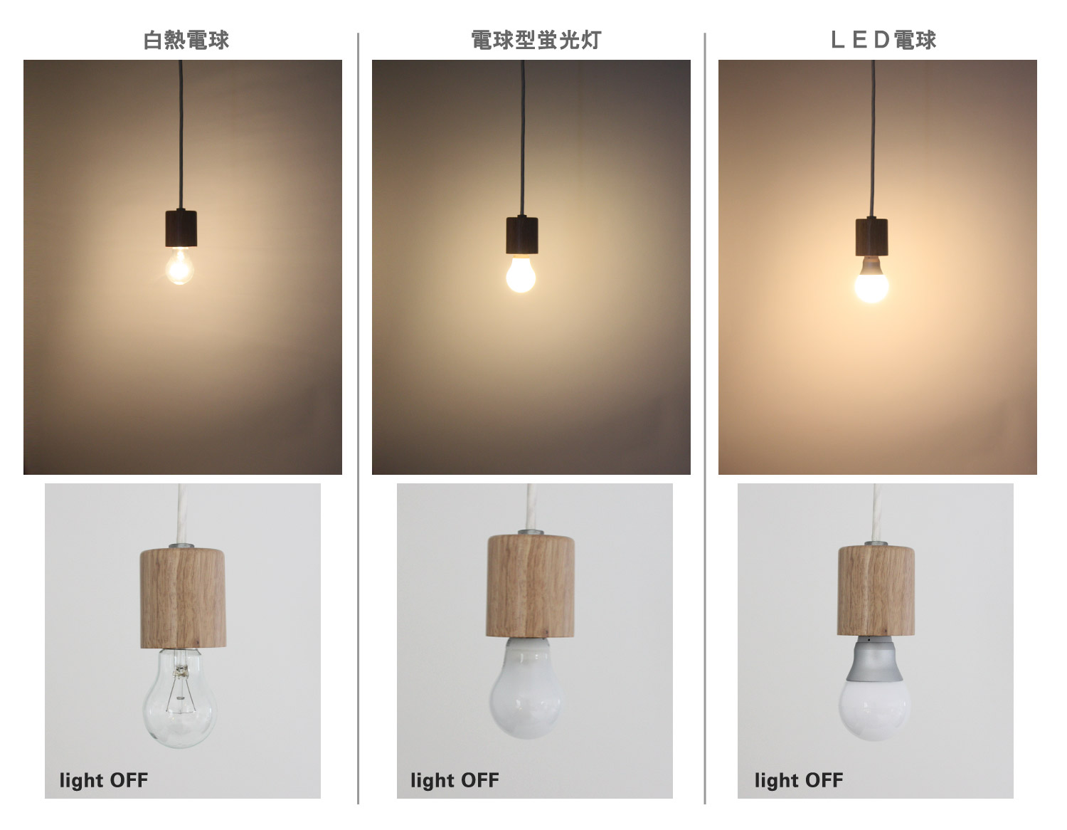 白熱電球・電球型蛍光灯・LED電球の違いについて